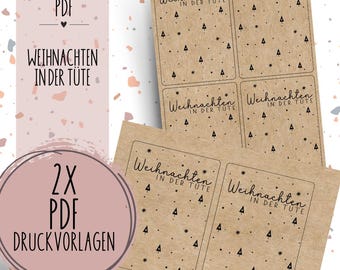 Puede incluir: Etiquetas de regalo imprimibles con el texto "Weihnachten in der Tute" (Navidad en la bolsa) y un patrón de pequeñas estrellas y árboles de Navidad. Las etiquetas están sobre un fondo de papel marrón. Hay seis etiquetas en total, dispuestas en dos filas de tres. El texto "2X PDF Druckvorlagen" (2x plantillas PDF) también es visible.
