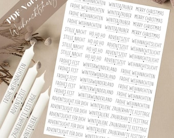 May include: A sheet of white sticker paper with black text. The text includes Christmas greetings in German and English, such as "Frohe Weihnachten" and "Merry Christmas".