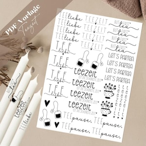 Pode incluir: Adesivos imprimíveis em preto e branco com vários designs temáticos de chá, incluindo texto que diz "teezeit", "tee pause", "but first tea" e "let's partea".