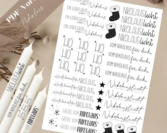 Op de afbeelding: Een vel met zwarte en witte stickers met verschillende kerstthema's. De stickers bevatten de woorden "Nikolaus", "Nikolauslicht", "Ho Ho Ho", "Vom Nikolaus für dich", "Heute kommt der Nikolaus" en "Grüße vom Nikolaus".