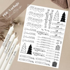Puede incluir: Pegatinas de Navidad imprimibles en blanco y negro con varios diseños, incluidos árboles de Navidad, estrellas y el texto "Frohe Weihnachten", "Weihnachtsfeuer", "Weihnachtszauber" y "Weihnachtsgrüße".