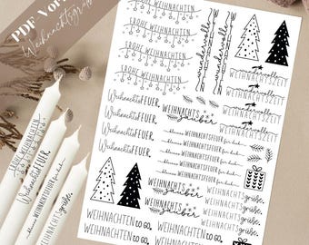 May include: Black and white printable Christmas stickers featuring various designs, including Christmas trees, stars, and the text "Frohe Weihnachten", "Weihnachtsfeuer", "Weihnachtszauber", and "Weihnachtsgrüße".