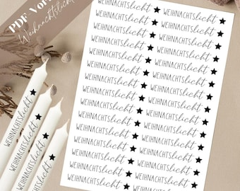 Op de afbeelding: Een vel wit papier met zwarte tekst die "WEIHNACHTSlicht" meerdere keren herhaalt. Elke regel tekst wordt gevolgd door een zwarte ster.