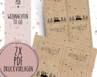 Puede incluir: Etiquetas de regalo imprimibles con un tema navideño. Las etiquetas muestran un coche con un árbol de Navidad en la parte superior y el texto "Weihnachten to go".