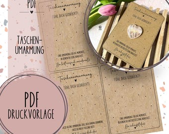 Szablon do wydruku „Przytulanie w kieszeni” Szablon PDF do pobrania Pochlebca na rękę Prezent dla uprzejmego prezentu Pomysł na prezent Zapisy do szkoły Komunia Dzień Matki
