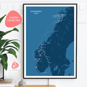 May include: A framed map of Norway with a cruise route marked in white. The map is a deep blue color with the word "Norwegen" at the top. The words "Custom Cruise Map" are in a pink bubble in the upper left corner.