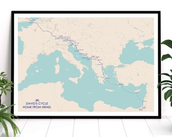 May include: A framed map showing a cycling route across Europe, starting in Israel and ending in the UK. The map is titled "David's Cycle Home from Israel".