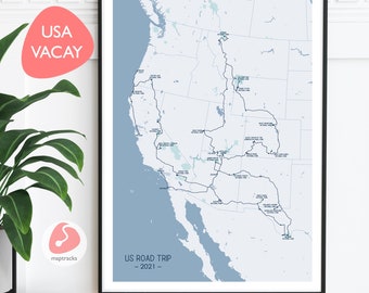 Impressions de voyage personnalisées - Aventure personnalisée - Carte mémoire - Carte routière, voyage sur la route, mémoire de voyage, carte de vacances personnalisée, impression numérique