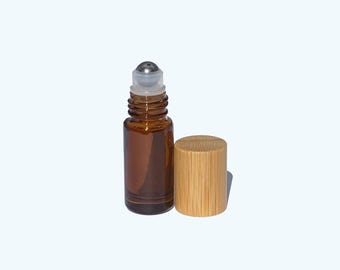 Amber Glass Roller Bottle with Bamboo Cap - Empty DIY Essential Oil Aromatherapy