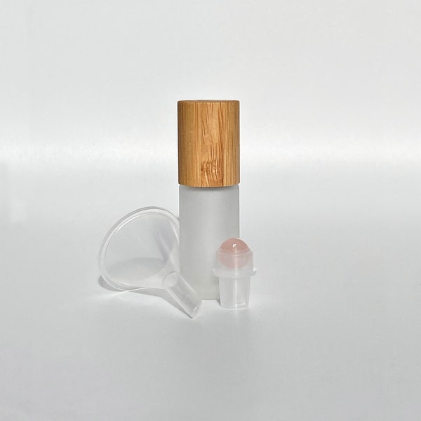 Rose Quartz Roller Bottle - 5ml/10ml Frosted Glass with Bamboo Cap - Empty DIY Essential Oil Manicure Crystal Healing