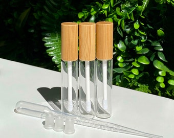 Lipgloss Trio - 3x Tubos de brillo de labios de vidrio vacíos con pipeta - Bambú Sostenible Verde Eco DIY Cosméticos Belleza