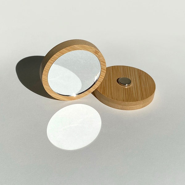 Bambus-Magnetspiegel – Reisetaschen-Make-up-Kosmetiktasche, umweltfreundlich, grün, Holz, natürlich, rund, kreisförmig, kompakt
