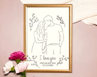 Personalisierte Paarzeichnung | Aquarell Bild, Handgefertigtes Porträt, Selbstgemachtes Poster | Custom Made Couple Drawing, Oneline