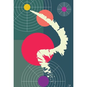 May include: Abstract art print featuring a teal, green, and gray background with a yellow circle, a red circle, and a pink circle. A white brushstroke-like shape curves through the design. The print also includes white concentric circles.
