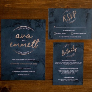 Navy Blue Marble and Rose Gold Printable Wedding Invitation Set Modèle | Or rose | Fichier numérique | Invitation, Carte détail, Carte RSVP