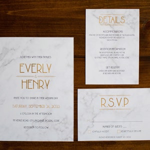 Modèle d’ensemble d’invitation de mariage imprimable en marbre blanc et or | Mariage Art Déco | Fichier numérique | Invitation, Carte détail, Carte RSVP