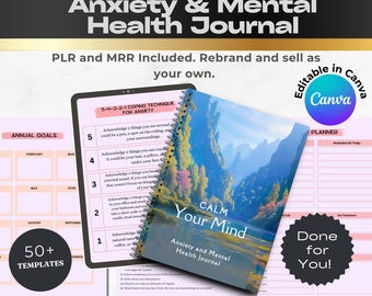Anxiety & Mental Health Journal Canva Template, PLR MRR Rights (Printable PDF)