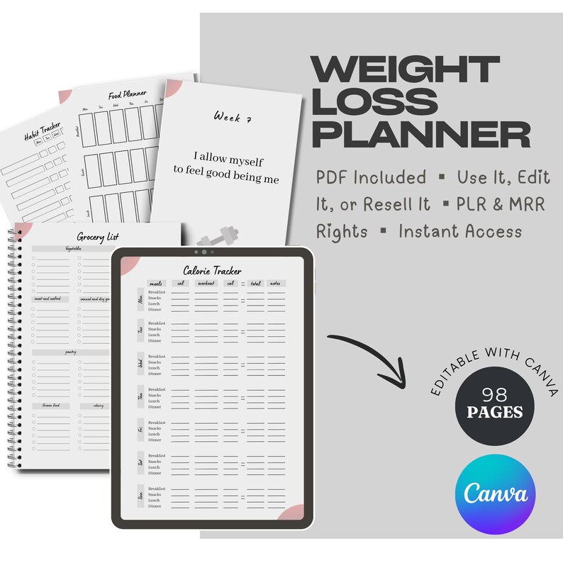 Editable Weight Loss Planner Canva Template, 12 Week Fitness Tracker ...