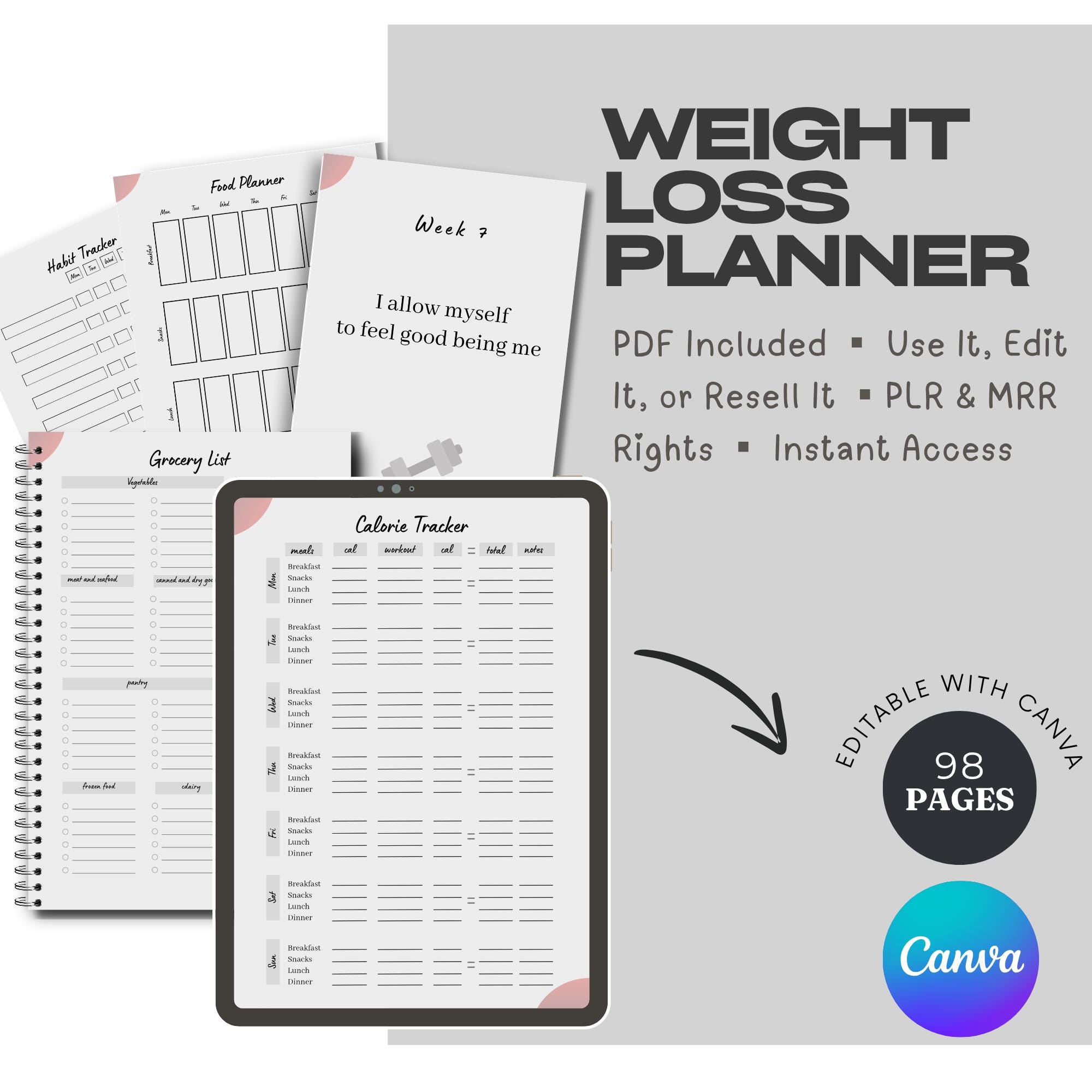 Editable Weight Loss Planner Canva Template, 12 Week Fitness Tracker ...