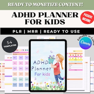 Può includere: Un pianificatore ADHD per bambini, con un'illustrazione colorata di un bambino con fiori. L'immagine include il testo "ADHD Planner For Kids", "54 Templates" e "Editable in Canva". Il pianificatore è progettato per il reddito passivo.