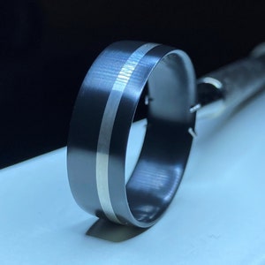 Custom unique handcrafted black Zirconium ring - band with sterling Silver / gold inlay