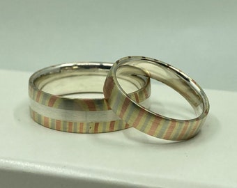 Set di anelli da sposa mokume gane e sterling silver band