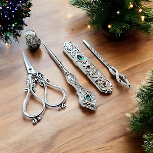 Set da cucito in stile retrò argento - Kit da viaggio da 5 pezzi / Accessorio per regali e artigianato