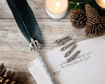Emerald Green Feather Quill Pen Set: Rustic Calligraphy Pen with 5 Nibs