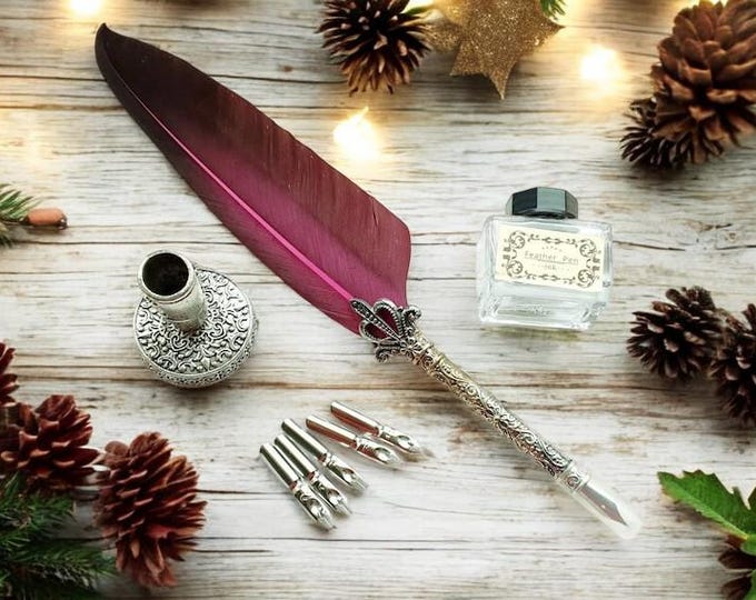 Rustic Calligraphy Kit: Feather Quill Pen, Ink Bottle, & Stand