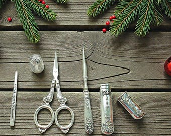 Silver Chrome Retro Sewing Kit: Stainless Steel Mini Sewing Supplies - 5 Piece Set