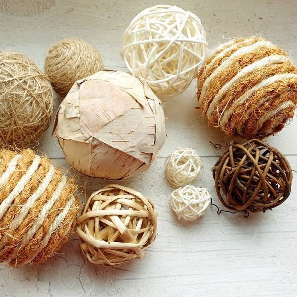 Set of 10 Different Sized Rattan Wicker Decorative Balls - Bowl Fillers - Vase Fillers - Woven Balls - Living Room Decor