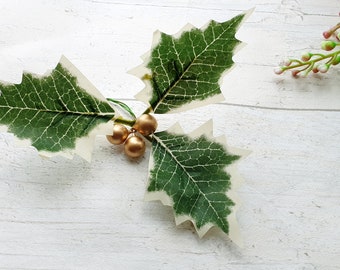 5 pcs Mini Artificial leaves with Golden Holly Berries - For Wreath Making - Craft Supplies - Fake Christmas Berries