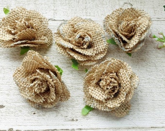 5 Pieces Glitter Jute Rose with Green stalk base for Crafts - Wedding Home Decor Shabby Chic Rustic Party Occasion  - Gift Wrap