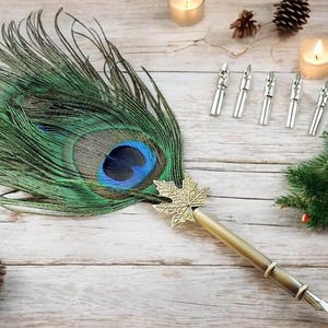 Pfauenfeder Rustikal Shabby Chic Kalligraphie Stiftset - Federkiel mit 5 Federn - Weihnachtsgeschenk für Sie - Strumpffüller