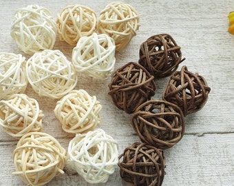 Rattan Wicker Balls - 15 pieces- Mix of White Brown Natural Color for Home Wedding Party supplies decoration