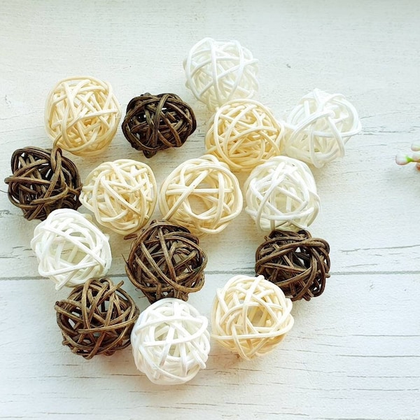 Rattan Wicker Balls - 15 pieces- Mix of White Brown Natural Color for Home Wedding Party supplies decoration