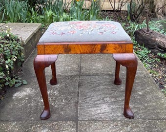 Heavy Quality Vintage Queen Anne Style Walnut Footstool Needlepoint Upholstered Stool - early 1900s
