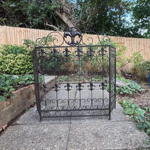 May include: A black metal fireplace screen featuring a three-panel folding design with a fine mesh backing. The frame is decorated with multiple fleur-de-lis motifs, vertical bars, and a repeating scrollwork pattern along the bottom edge.