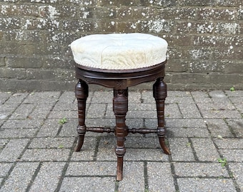 Antique Victorian Adjustable Piano Stool – Carved Mahogany with Tufted Upholstered Seat, 19th Century