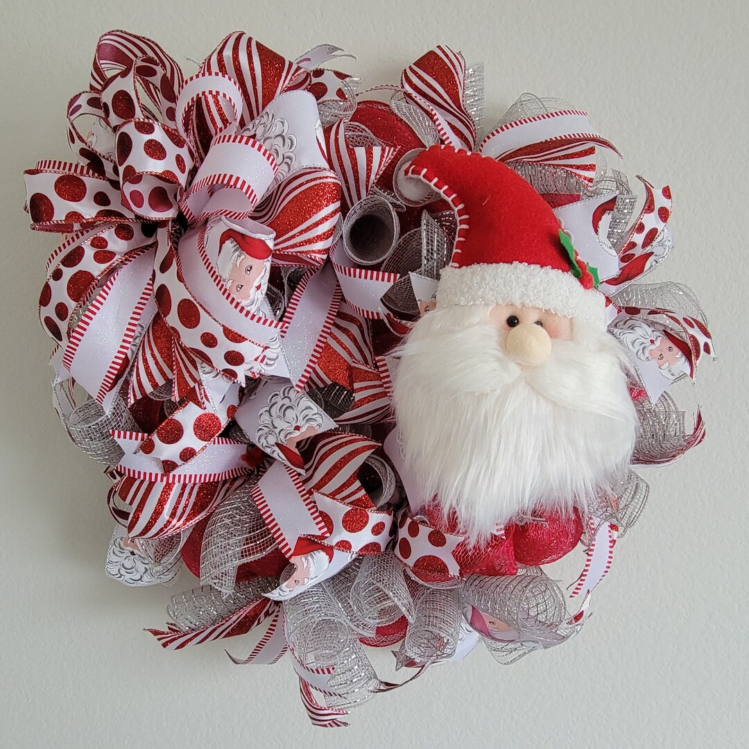 Santa Claus Red and White Deco Mesh Wreath Christmas Wreath Front Door
