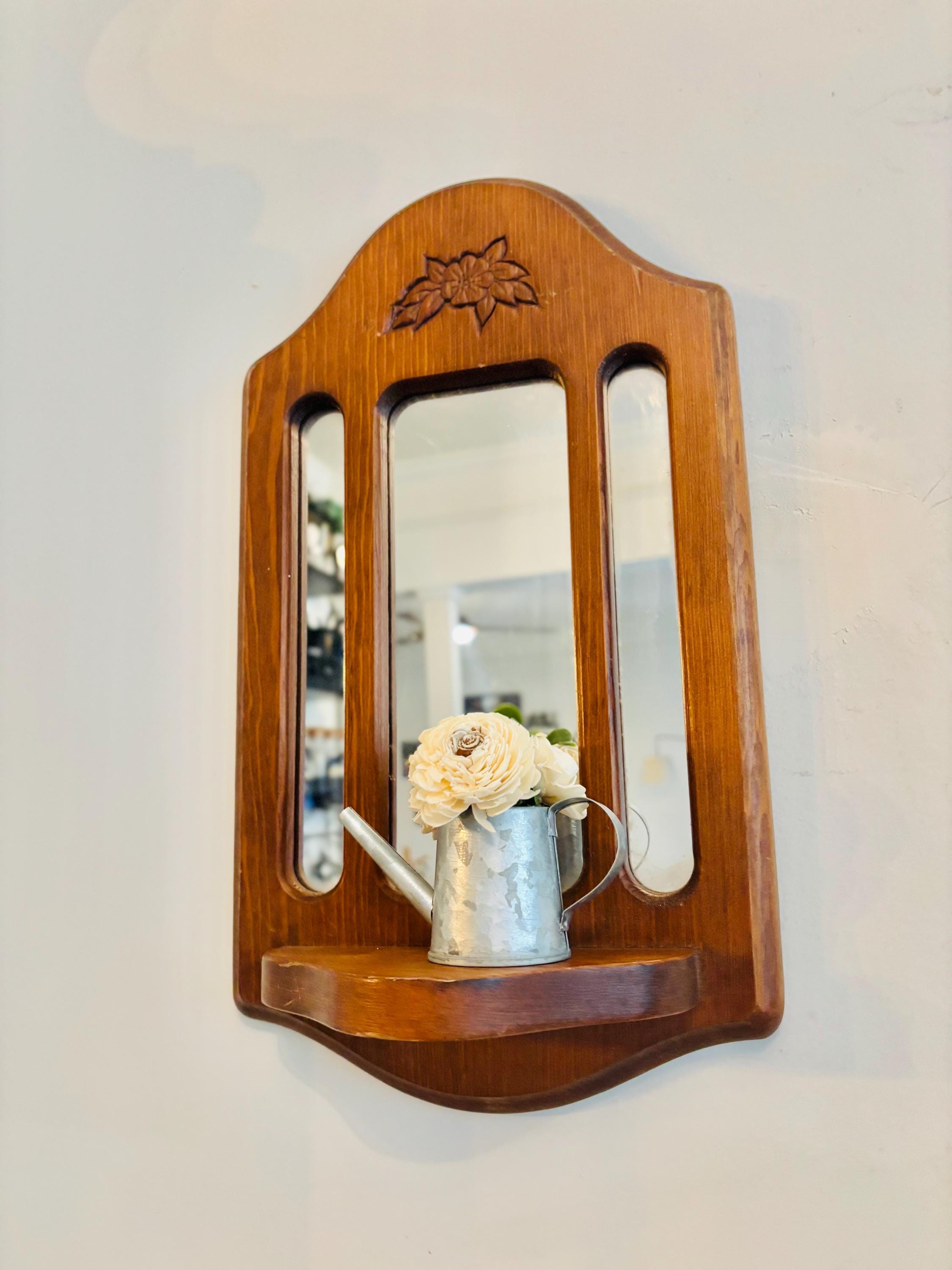 LARGE Vintage wooden wall mirror shelf wall hanging sconce wood decor 15" cottage core decor mirrored wall shelf