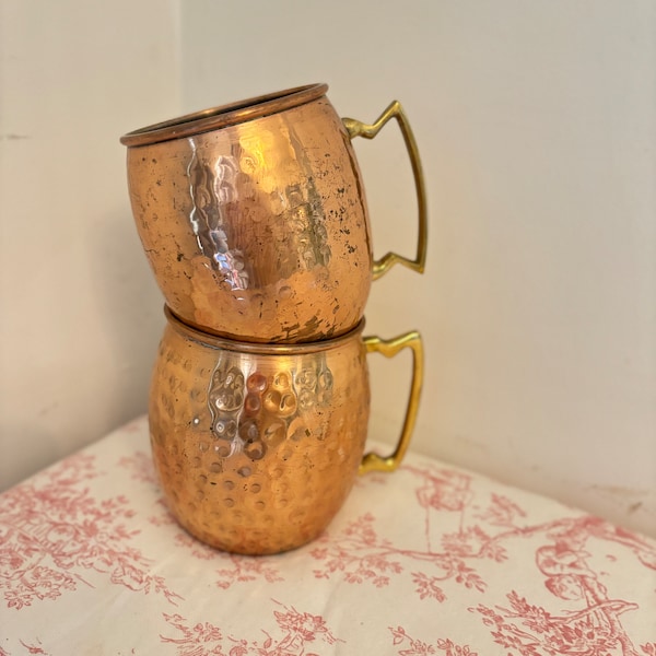 Pair of Hammered copper moscow mule mug with brass handle