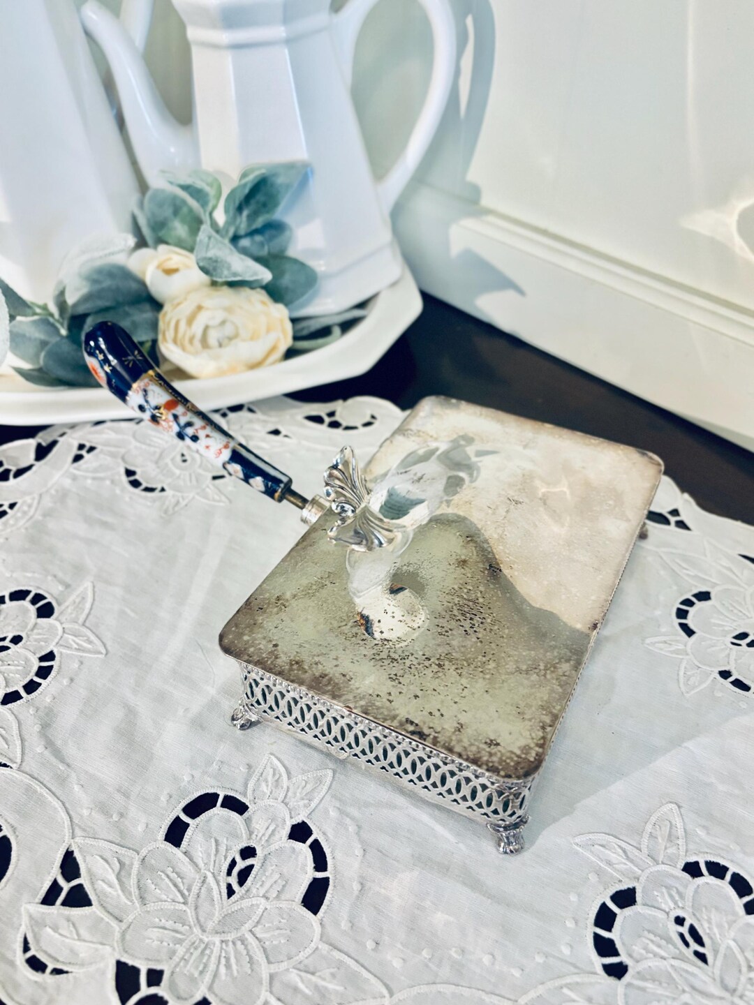Vintage Silverplate Silent Butler With Glass Insert and Porcelain ...