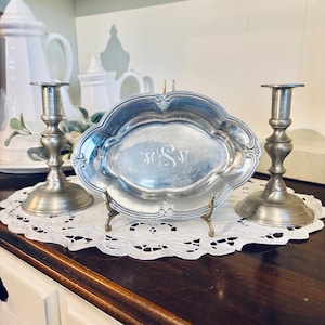 Pewter candleholders by woodbury pewters & small pewter oval tray monogrammed by lenox