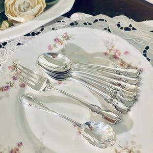 May include: A collection of silver-colored flatware, including spoons, forks, and a serving spoon, arranged on a floral-patterned plate. The plate features a delicate design of pink flowers. The flatware has ornate handles.