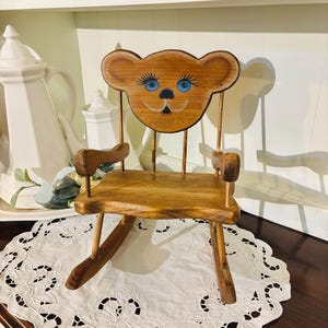Hand crafted Vintage wooden doll size rocking chair with bear face 12&quot; tall