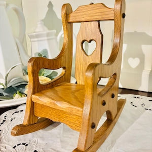 Vintage wooden doll size chair with heart cut out primitive cottagecore riser solid wood