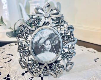 Vintage Ornate Pewter picture frame with ribbon and roses flower stamped 1989 SEMO
