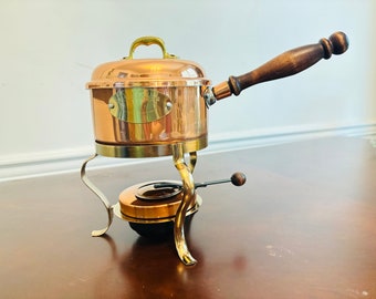 Vintage Dela Cuisine Copper Fondue set brass trim wood handle