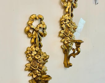 Pair of Vintage SYROCO Gold bow and rose flower ornate Wall Sconce Candle Holders Hollywood Regency wall decor hanging swag 18 x 5.5 x 5"